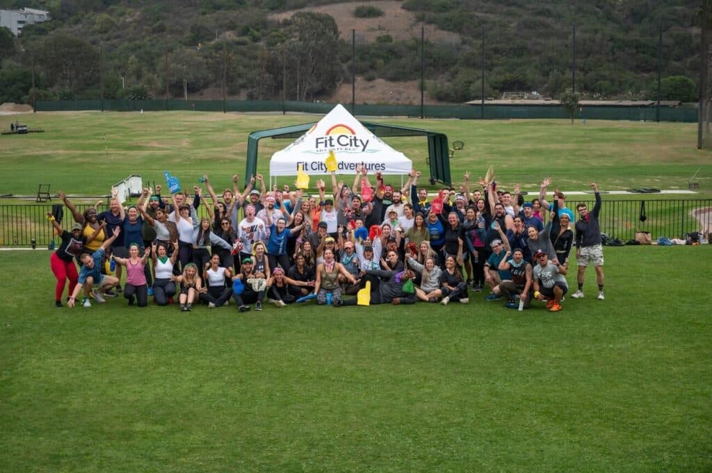 50 people grouped together for fit city's first ever team building experience in San Diego